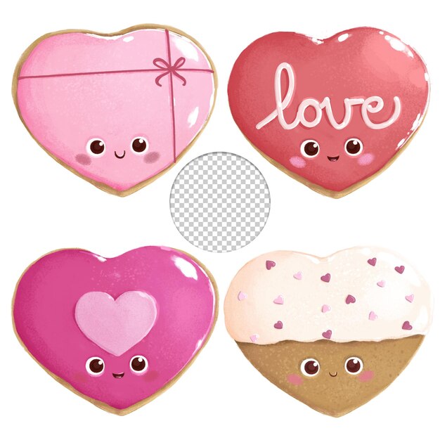 PSD cute set of four valentine heart cookies assorted  isolated on white background