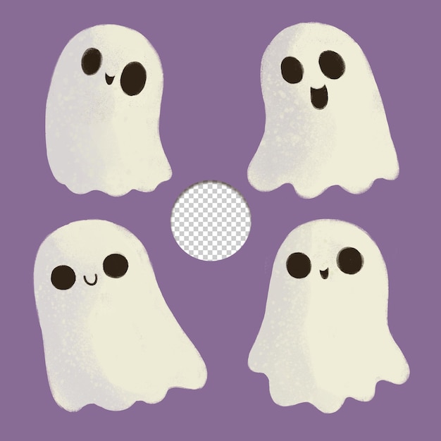 PSD Симпатичный набор из четырех разных жутких счастливых призраков в стиле каваи, изолированных на фиолетовом фоне