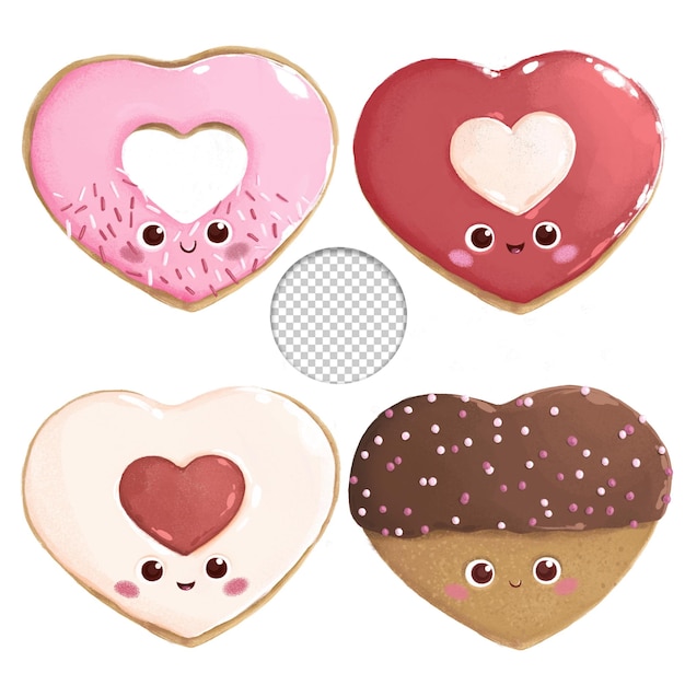 PSD 흰색 바탕에 4개의 발렌타인 핑크 다크 초콜릿 하트 쿠키 카와이 스타일의 귀여운 세트