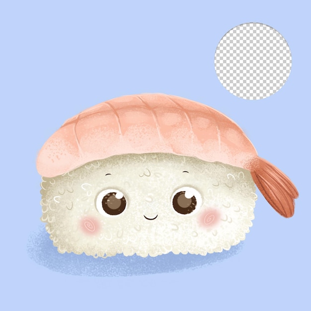 PSD cute shrimp ebi nigiri with eyes on blue bakground