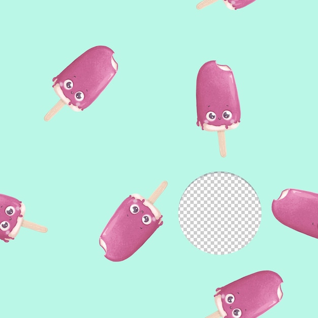 Cute smiling strawberry ice cream stick seamless pattern on light blue background