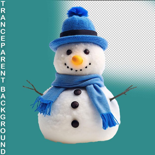 Cute snowman in a blue scarf on a transparent background
