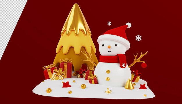 PSD Симпатичный снеговик в новогодней шапке и с подарочными коробками возле золотой елки