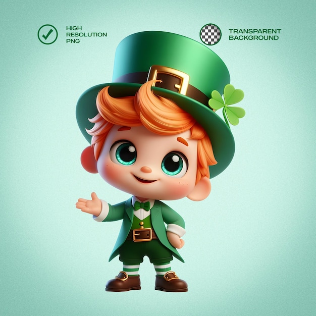 Cute standing leprechaun 3d render transparent isolated background