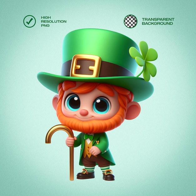 PSD cute standing leprechaun 3d render transparent isolated background