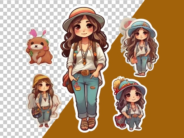 PSD cute sticker of cartoon girl wearing a suit her hands in her pockets white border