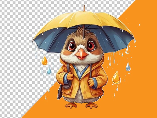 PSD cute sticker style cartoon quail with umbrella and jacket