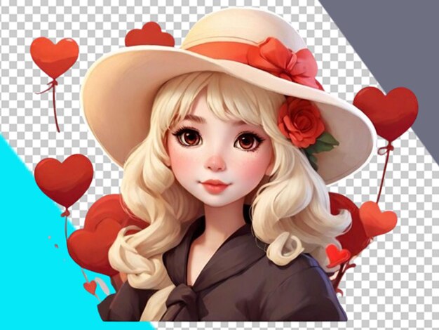 PSD cute sticker valentine a beautiful girl wearing a hat