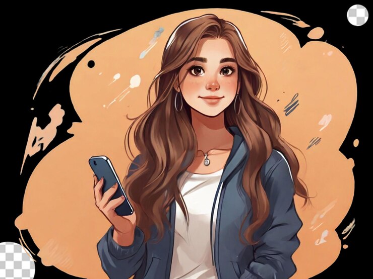 PSD a cute stylish girl with long hair looks and using phone png transparent