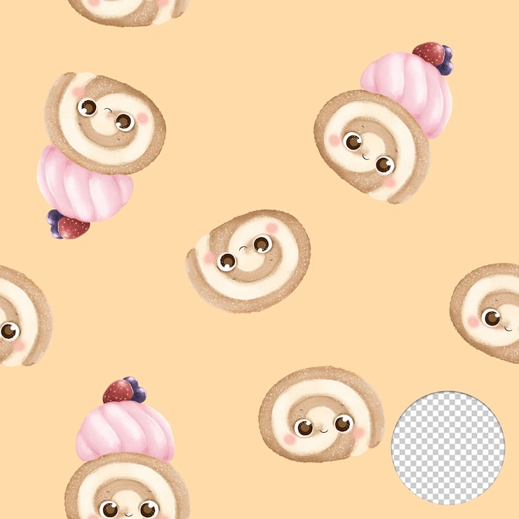 PSD cute sweet pastry berry rolls pattern on yellow background