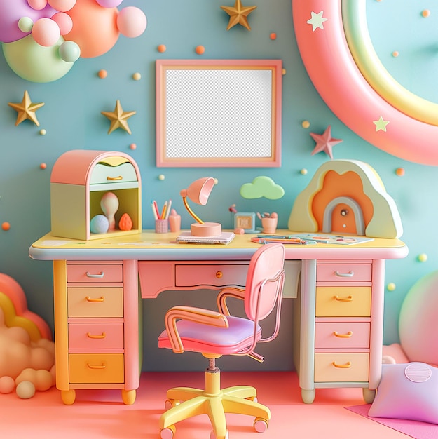 PSD cute teal plastic star and moon themed office area girly baby space mockup