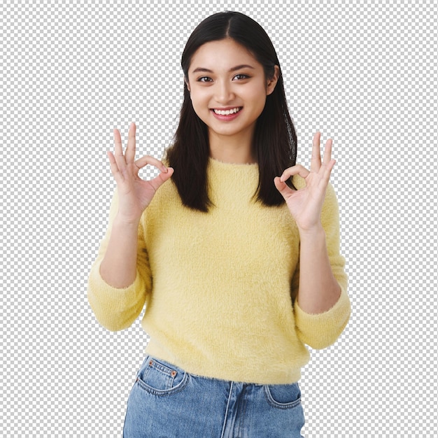 麗で優しい韓国人女の子あなたに同意します許可をください美しいアジア人女性OKのジェスチャーを示し笑顔で選択を承認します製品を推奨しますポジティブなレビューを残します白い壁