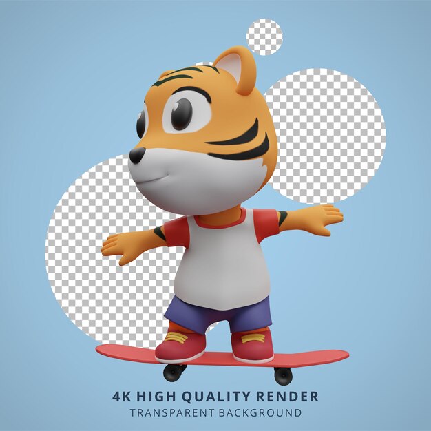 PSD cute tiger skateboarder animale 3d personaggio mascotte illustrazione