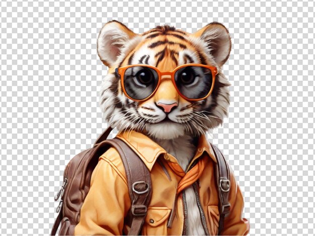 PSD a cute tiger wearing sunglasses and bag on transparent background