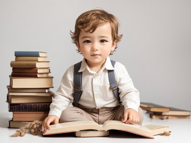 白い背景に座っているワニと遊ぶボディスーツを着たかわいい幼児の男の子