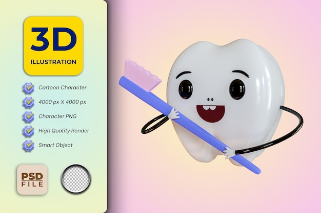 PSD carino dente personaggio dei cartoni animati mal di denti faccia triste medico dentista aiuto medicina mal di denti medicina 3d illustrazione 3d rendering bambini mascotte promozione marketing bambino sano