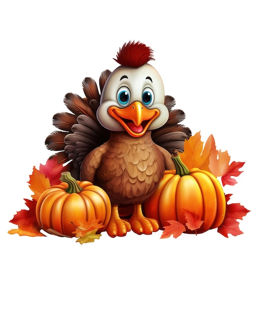 PSD cute turkey cartoon wearing hat and scarf isolated ai generative