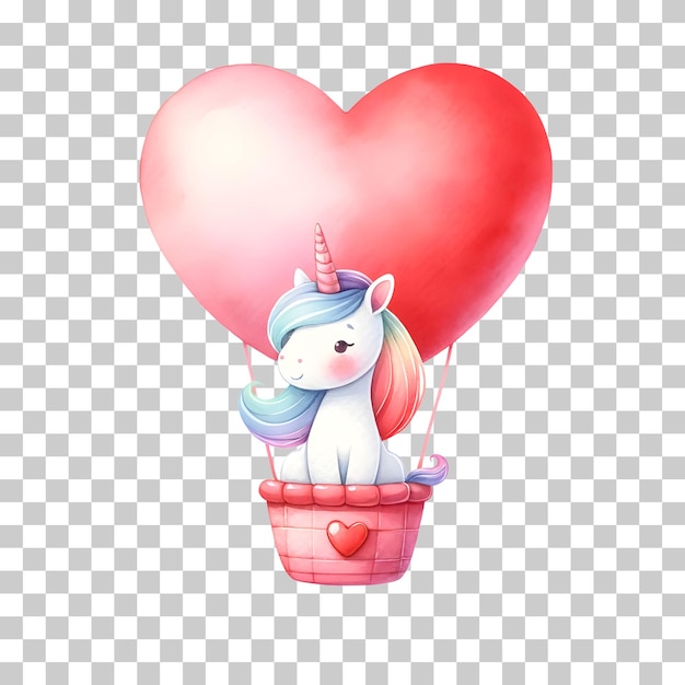 Unicorno sveglio che vola su un'illustrazione di clipart della scuola materna isolata acquerello a forma di cuore della mongolfiera