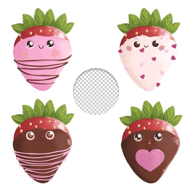 PSD simpatiche fragole per fonduta di cioccolato felice di san valentino impostate in stile kawaii