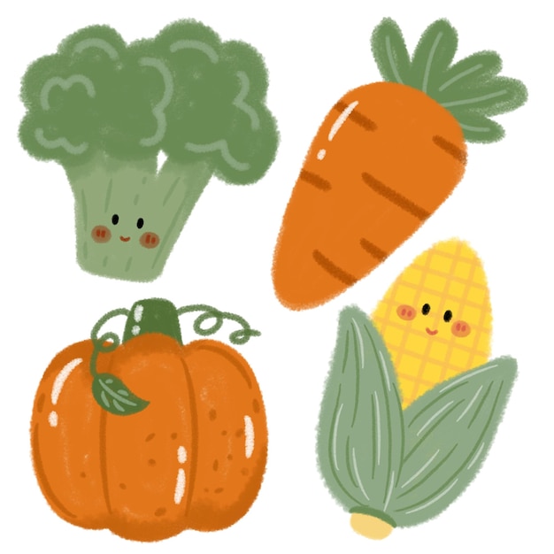 cute vegetables illustration drawn in a crayon style