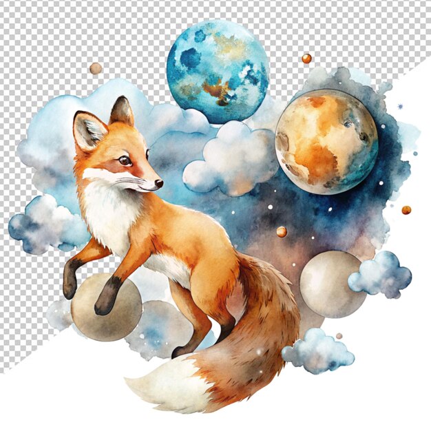 PSD cute water color art of a fox on transparent background