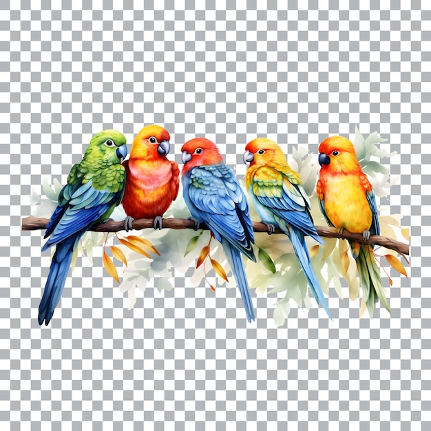 Cute watercolor birds on branch of tree isolated on a transparent background