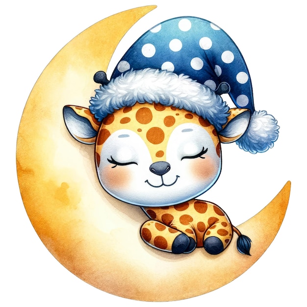 Cute Watercolor Giraffe Sleeping On The Crescent Moon Clipart