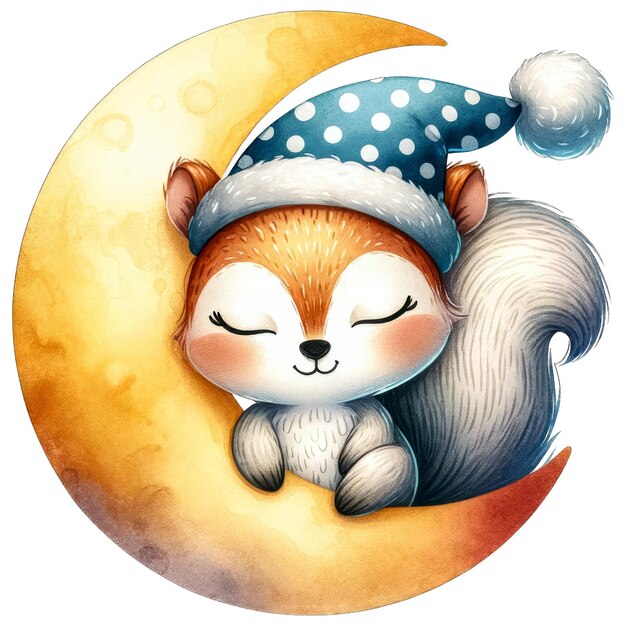 PSD cute watercolor squirrel sleeping on the crescent moon clipart