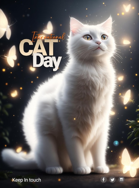 cute white cat poster social media post banner international cat day