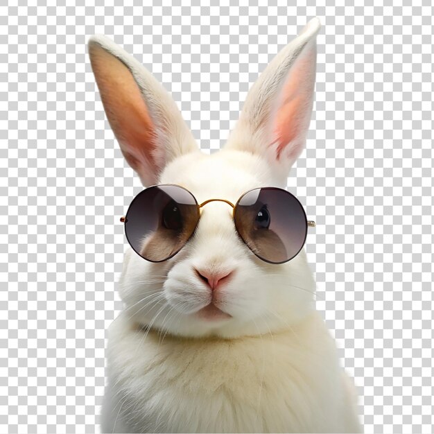 PSD dolce coniglio bianco con occhiali da sole isolato su uno sfondo trasparente