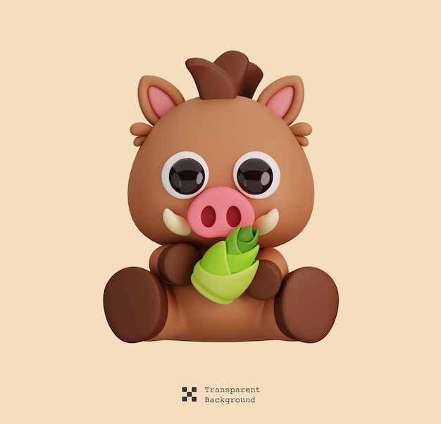 PSD cute wild boar holding bamboo shoot isolated animals and food icon cartoon style concept 3d render