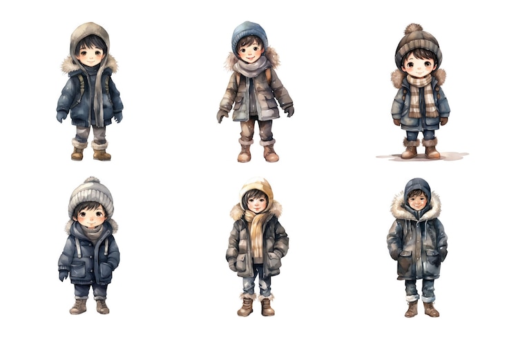 PSD cute winter boy watercolor collection bundle set isolated on a transparent background