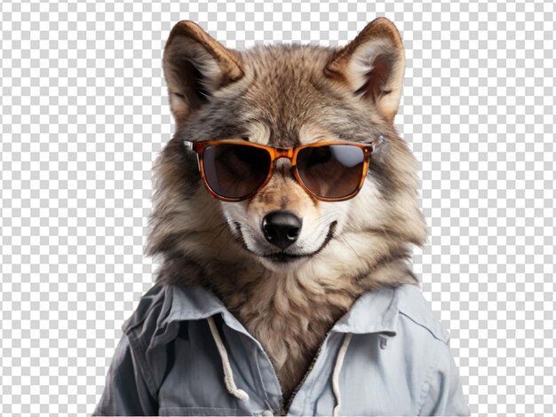 A cute wolf wearing sunglasses on transparent background