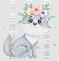 PSD cute wolf with flowers wreath watercolor illustration