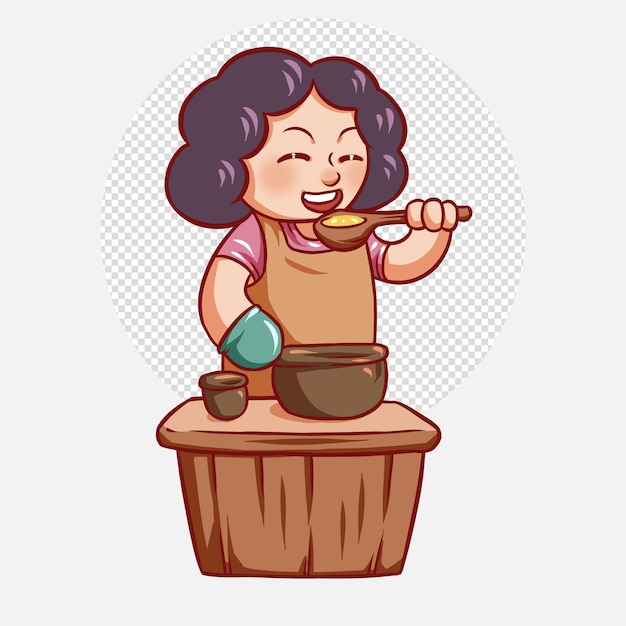 PSD cute woman chef eating a pot soup logo hand drawn cartoon illustration