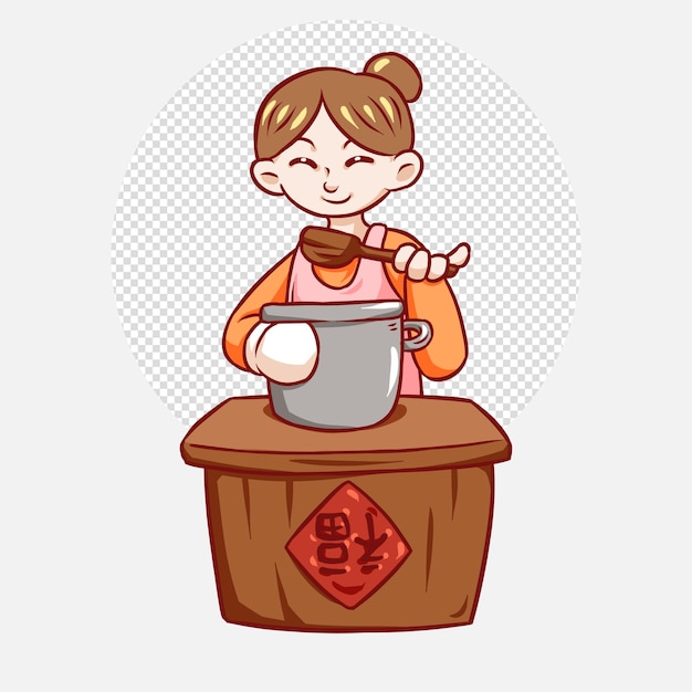 PSD cute woman chef tasting a pot soup logo hand drawn cartoon illustration