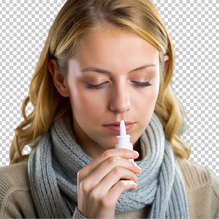 PSD cute woman nursing nasal cold or allergy treating common cold or allergic rhinitis