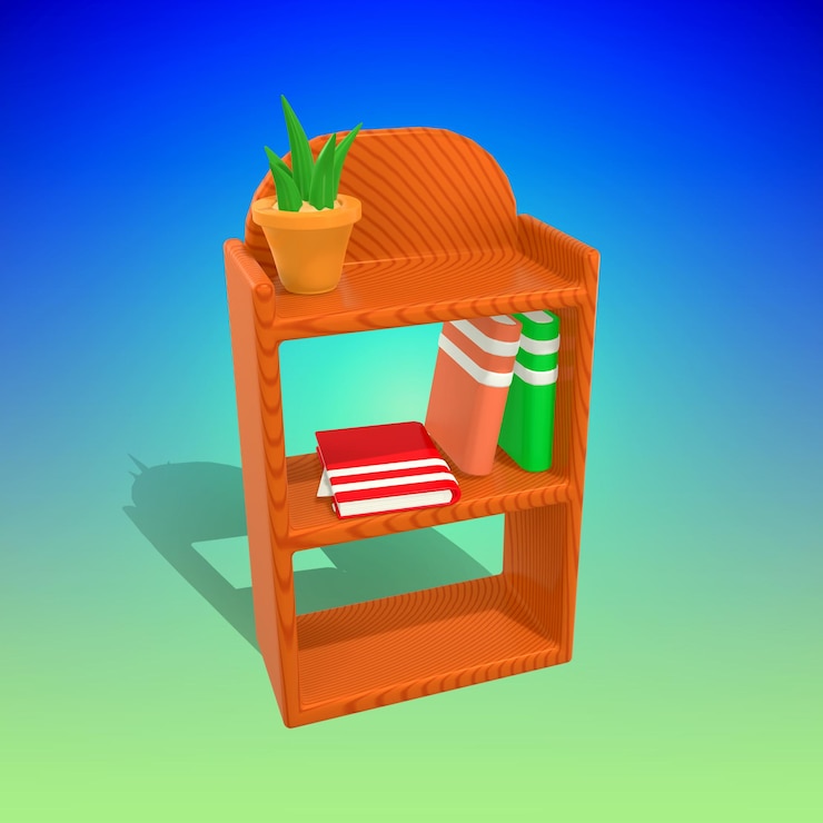 PSD cute wooden bookshelf with plant