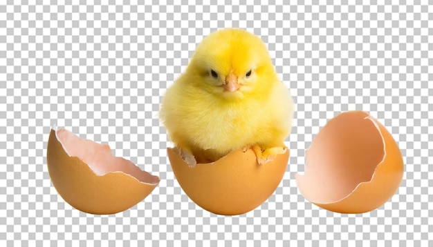 PSD cute yellow chicken hatched from an eggshell easter concept on transparent background