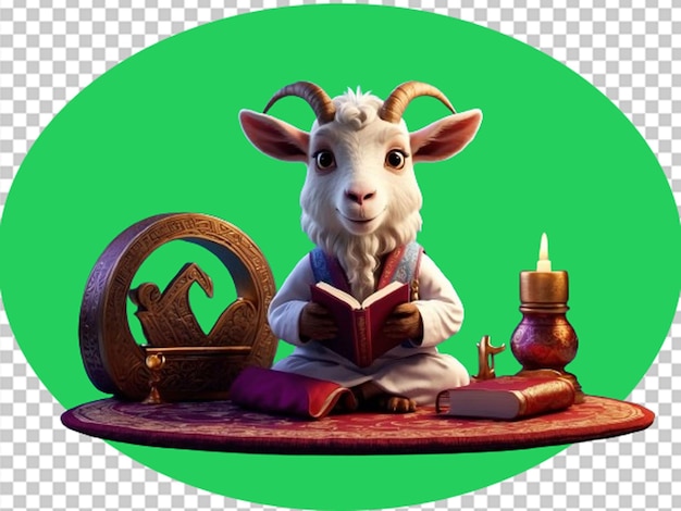 Cute young goat sitting on a rug reading a holy quran book