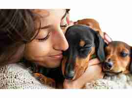 PSD cute young woman kisses and hugs her puppies dachshund dogs love between owner and dog