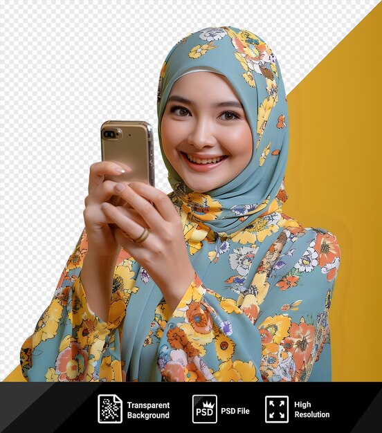 Cute young woman making selfie and smiling in front of a yellow wall wearing a blue scarf and gold r