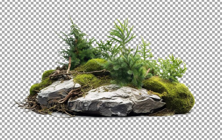 Cutout rock surrounded by fir trees Garden design isolated on white background Decorative trees