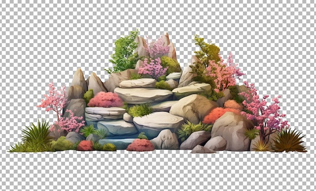 PSD cutout rock surrounded by flowers garden design colorful flowers isolated on white background