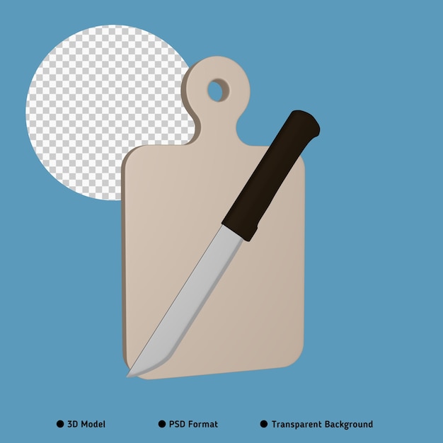Cutting board and knife illustration 3D image isolated transparent background