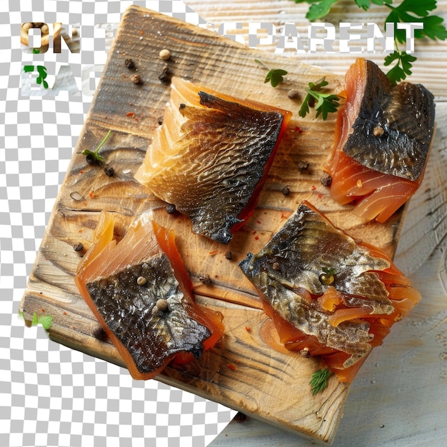 PSD a cutting board with salmon and herbs on it