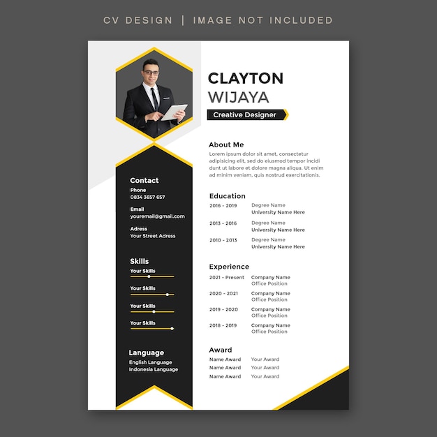 PSD cv design template semplice minimalista design moderno cv curriculum design di lusso nero giallo colore 3