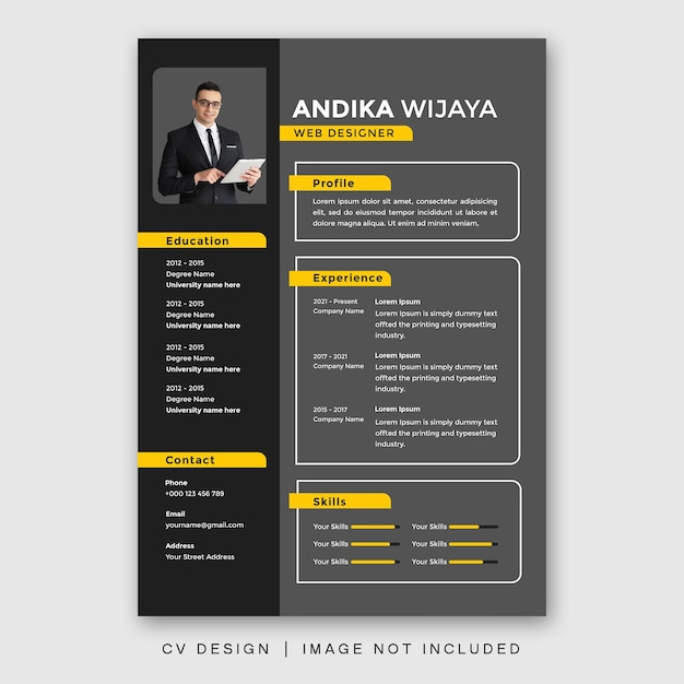 cv ontwerpsjabloon eenvoudig minimalistisch modern design cv cv luxe ontwerp zwart geel kleur 1