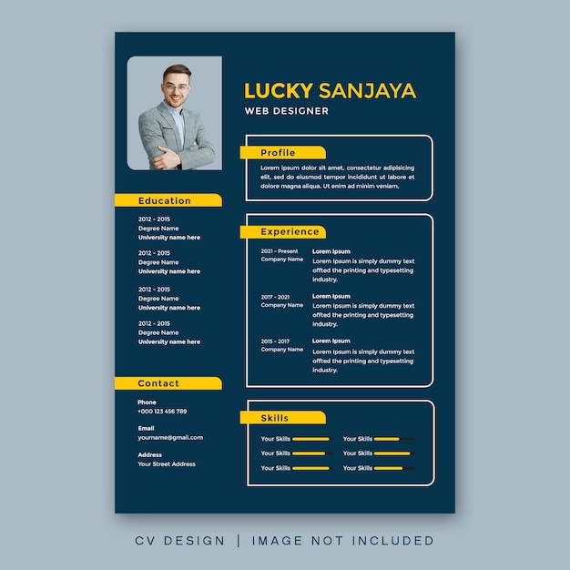 cv-ontwerpsjabloon eenvoudig minimalistisch modern ontwerp cv cv-ontwerp blauwe en gele kleur 1