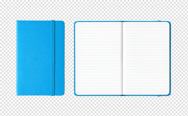 Cyan blue closed and open lined notebooks isolated on transparent background